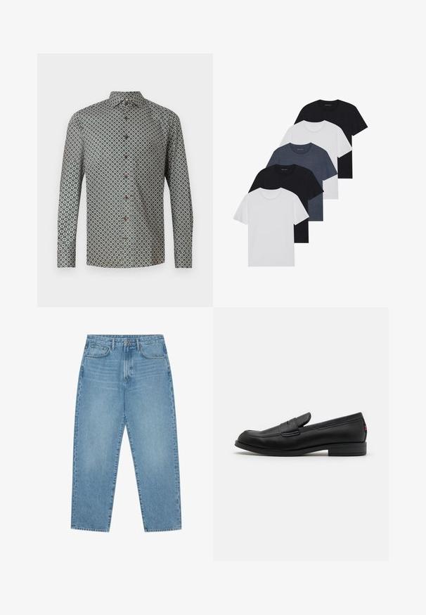 Long-sleeved shirt in a green fabric featuring a repeated floral pattern. The collar is button-down, with brown buttons along the front.; Set of five t-shirts in black, white, and navy blue. Cotton fabric, short sleeves, crew neck design, and plain texture with no patterns.; Light blue denim jeans with a straight-leg cut, five-pocket design, and a slightly faded texture. Features a button and zipper closure.; Black leather loafers with a smooth finish, rounded toe, and a small decorative flap. Features a low stacked heel and subtle branding detail.