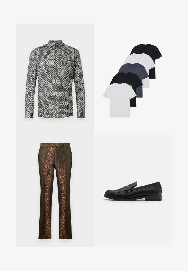 Koszula z długim rękawem w zielonym materiale, z powtarzającym się wzorem kwiatowym. Kołnierz jest zapinany na guziki, a z przodu znajdują się brązowe guziki.; Zestaw pięciu koszulek w kolorach czarnym, białym i granatowym. Wykonane z bawełny, z krótkimi rękawami, klasycznym dekoltem i gładką fakturą, bez wzorów.; Zielone spodnie w wzory z nadrukiem węża w odcieniach brązu i pomarańczy, o prostym kroju i gładkiej teksturze.; Czarne skórzane loafersy o gładkim wykończeniu, zaokrąglonym czubku i małym dekoracyjnym klapku. Posiadają niską, warstwową podeszwę oraz subtelny detal z brandingiem.