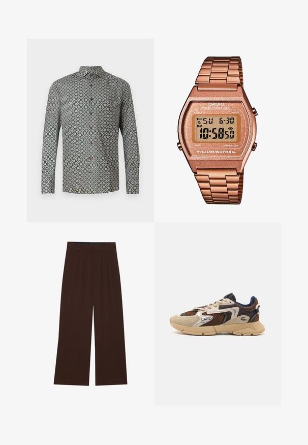 Chemise à manches longues en tissu vert ornée d'un motif floral répété. Le col est boutonné, avec des boutons bruns sur le devant.; YOURTURN UNISEX 3 PACK BASIC OVERSIZED T-SHIRT - T-shirt basique - dark brown/off-white/dark grey; Pantalons amples marron avec des plis. Fabriqués en tissu lisse, avec une taille cintrée et des poches latérales. Ourlet plat en bas.; Sneaker beige et marron avec des panneaux en maille texturée, des accents en daim et une semelle en caoutchouc. Présente un design à lacets et des détails de marque.; Montre digitale Casio avec un bracelet en métal rose doré, un boîtier rectangulaire, un écran éclairé et une résistance à l'eau, affichant l'heure et la date.