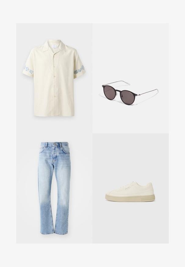 Camisa de manga curta, de cor bege claro, feita de tecido macio, com bordados florais azuis nas mangas e um fecho de botões à frente.; Calças de ganga azul claro com corte de perna reta. Apresenta um design de cinco bolsos, fecho de botão e uma textura desbotada na parte inferior.; Ténis de tela brancos com sola de borracha texturizada, apresentando uma biqueira cosida e um detalhe com o logótipo no calcanhar. Design simples com atacadores.; Óculos de sol redondos pretos com lentes escuras e hastes metálicas finas. Inclui pontas de templo transparentes e detalhes em prata na dobradiça. Design minimalista.