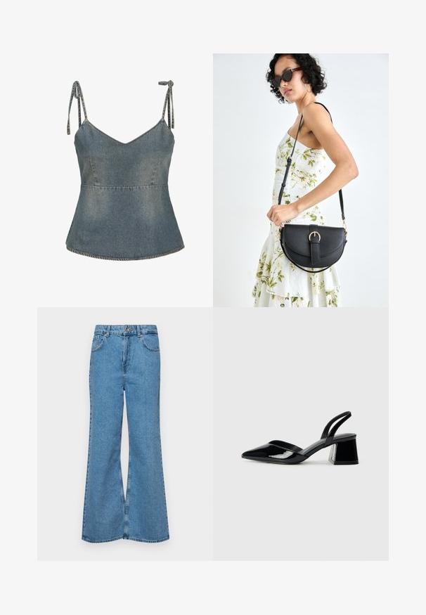 Denim majica z nastavljivimi naramnicami, V-izrezom in razširjenim krojem. Svetlo modra barva z vidnimi šivi po celotni dolžini.; Svetlo modri razširjeni džins hlače iz denima, z visokim pasom, petimi žepi in enim gumbom za zapiranje. Mehka tekstura z blagim zbledelim videzom.; Črne lakirane slingback pete s koničastim nosom in geometrijsko blokasto peto. Imajo eleganten, minimalističen dizajn in gladko teksturo.; Črna usnjena torbica s ukrivljeno obliko, z odstranljivo naramnico in zlatimi dodatki. Torbica ima pokrov s podrobnostmi v obliki zaponke.