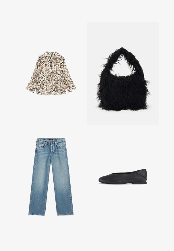 Løs skjorte i let stof med hvid bund og brunplettet leopardprint, med krave og lange ærmer.; Lyseblå vidde jeans lavet af denim. Har fem lommer, lukning med knap og subtil falmen, der skaber et tekstureret udseende.; Sorte læder flade sko med rund tå og lav hæl, designet til både casual og formelt brug.; Even&Odd Shopping bags - black