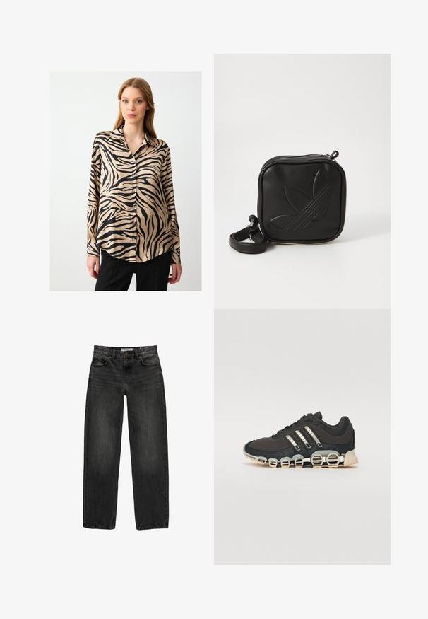 Langärmlige Bluse aus seidenartigem Stoff, mit beigem Grundton und schwarzen Zebra-Streifen. Knopfverschluss vorne, klassischer Kragen und abgerundeter Saum.; Schwarze Jeans aus Denim mit lockerer Passform, geradem Bein, fünf Taschen-Design und einer leicht gewaschenen Textur. Knopf- und Reißverschluss vorne.; Schwarzer Sportschuh mit einer strukturierten Oberseite, drei silbernen Streifen und einer markanten Dämpfungssohle mit mehreren integrierten Sektionen.; Schwarze Umhängetasche aus strukturiertem synthetischem Material. Verfügt über ein eingeprägtes Logodesign und einen verstellbaren Riemen. Mit Reißverschluss geschlossen.