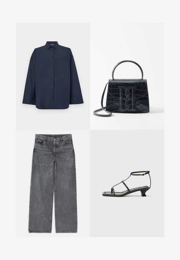 Donkerblauw overhemd met lange mouwen, knopen, een kraag en een borstzak, afgebeeld op een witte achtergrond.; Wijdere jeans in donkergrijs denim. Kenmerken zijn een hoge taille, vijf zakken en een sluiting met een knoop aan de voorkant. Glad textuur met subtiele vervaging.; Zwarte leren sandaal met een vierkante neus, dunne banden, een verstelbare enkelriem en een lage hak. Heeft een kleine gouden accent op de band.; Zwarte handtas van krokodillleer met een gestructureerd ontwerp, bovenhandvat, verstelbare schouderband en een opvallend voorlogo.; Goudkleurige broche met een knoopontwerp, featuring gladde, gebogen lijnen en een ingewikkelde vorm, wat zorgt voor een gepolijste afwerking.