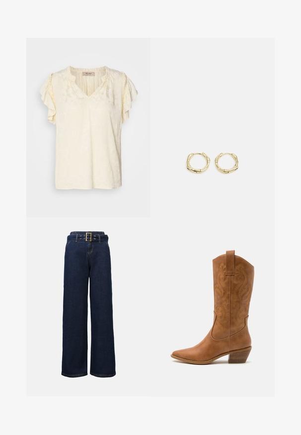 Tielko s krátkym rukávom a výstrihom do V v svetlej smotanej farbe so štruktúrovaným kvetinovým vzorom; má volánkové rukávy a voľný strih.; Tmavomodré riflové nohavice s širokými nohavicami, so šitými vreckami a zodpovedajúcim opaskom s veľkou obdĺžnikovou zlatou prackou.; Hnedé kožené kovbojské topánky s špicatou špičkou, vyšívanými vírivkami na štýle a blokovým podpätkom. Obsahuje praktický pútko na ľahké obúvanie.; Zlaté kruhové náušnice s textúrovaným, nepravidelným tvarom. Majú bezšvové uzatváranie a lesklý povrch, čo podčiarkuje moderný dizajn.