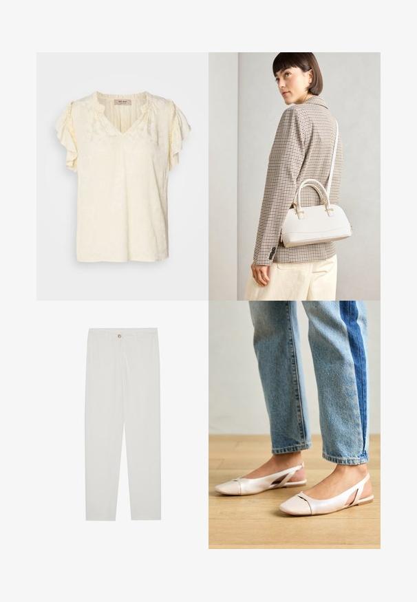 Short-sleeve, v-neck top in light cream with textured floral pattern; features ruffled sleeves and a relaxed fit.; White, tailored trousers with a straight leg design, featuring a button closure, belt loops, and side pockets; smooth fabric texture.; Pale pink slingback flats with a pointed toe, made from a smooth leather-like material. Features cut-out details at the sides and a flat heel.; White structured handbag with short handles and a shoulder strap, featuring gold hardware accents and textured material, displayed against a grey background.