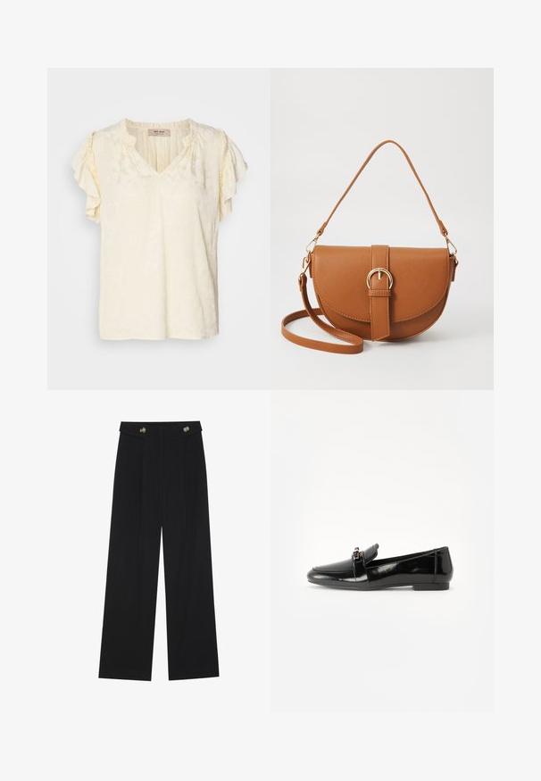 Top à manches courtes en crème clair avec un motif floral texturé ; présente des manches volantées et une coupe décontractée.; Pantalons larges noirs à taille haute, avec des détails de boutons à la taille et des plis sur le devant.; Loafer en cuir verni noir avec une semelle plate, un bout arrondi et une sangle décorative agrémentée d'un accent doré. Fini lisse et brillant.; Sac bandoulière en cuir marron avec une forme incurvée, quincaillerie dorée et un accent en boucle. Comprend une bandoulière détachable.; Boucles d'oreilles en argent avec un design rond et épuré, présentant une surface lisse et sans embellissements visibles. Diamètre non spécifié.