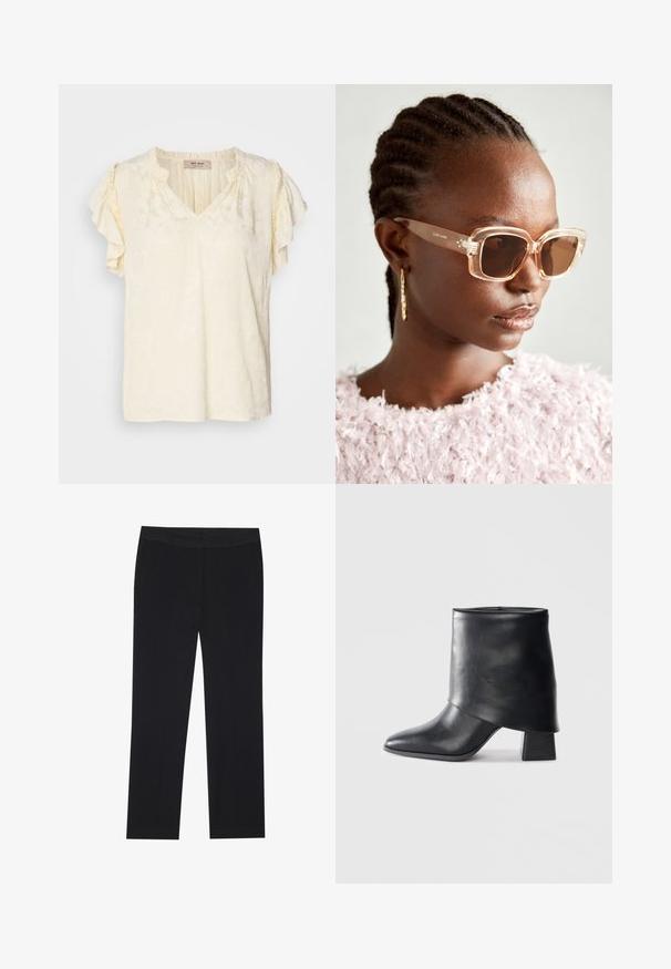 Kratke rokave, top z v-izrezom v svetli kremni barvi z teksturiranim cvetličnim vzorcem; ima naborkane rokave in sproščen kroj.; Črne hlače s ravnim krojem, opremljene z stranskimi žepi in gladkim tekstilnim materialom. Minimalistično oblikovanje, čist pas.; Črne usnjene gležnjarje z izostrenim prstom, gladko teksturo in trdnimi blokastimi petami. Imajo visok, zložen manšeti.; Bežna oversized sončna očala s prozornim okvirjem in rjavimi lečami, ki imajo subtilne cvetlične poudarke in drzen, geometrijski dizajn.; Črna torbica z strukturirano obliko, gladko teksturo in kovinskim zaponko. Ujemajo se z širokimi črnimi hlačami in odprtimi sandali na lesenem tleh.