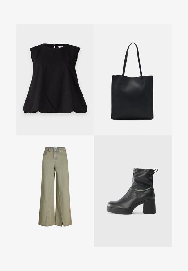 Black sleeveless top with a round neckline, featuring a keyhole back design and a subtle A-line shape for relaxed fit. Made of lightweight fabric.; Light green wide-leg jeans made of denim, featuring a high waist, side slits, and classic pocket detailing.; Black ankle boots made of smooth leather, featuring a side zipper, chunky textured heel, and rounded toe design.; Black leather tote bag with smooth texture, rectangular shape, and two long handles. No visible hardware or embellishments.