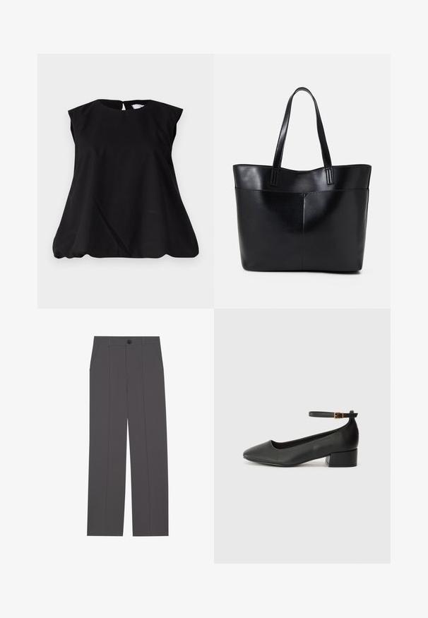 Juoda be rankovių aukštakulnė palaidinė su apvalia iškirpte, turinti rakto skylutės dizainą nugarinėje dalyje ir švelnia A formos siluetu, užtikrinančiu patogų prigludimą. Pagaminta iš lengvos medžiagos.; Pilkos kelnės su tiesaus kirpimo dizainu, turinčios dvi šonines kišenes ir mygtuko užsegimą. Lygus audinys be matomų raštų ar akcentų.; Juodas odinis aukštakulnis batelis su smailiu pirštu ir žemu bloku. Su kulkšnies dirželiu su auksinės spalvos sagtimi. Lygus paviršius.; Juoda odinė rankinė su dviem ilgais diržais, lygiu paviršiumi ir struktūrizuota forma. Yra priekinė kišenė papildomam saugojimui.