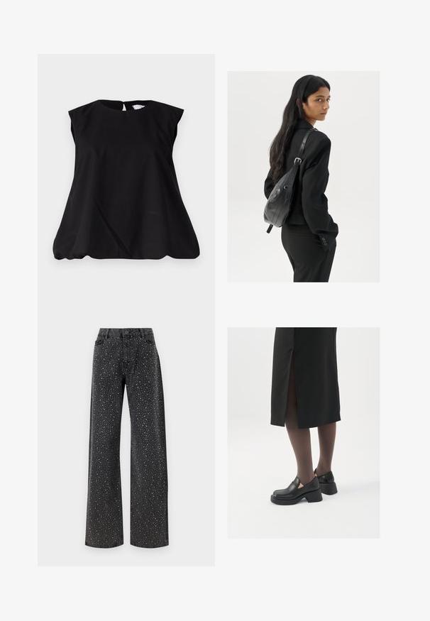 Crna majica bez rukava s okruglim izrezom, s dizajnom u obliku ključa na leđima i suptilnim A-linijskim oblikom za opušteni izgled. Izrađena od laganog materijala.; Noisy May NMJANNEL LOOSE - Traperice opuštenog kroja - black denim; Crne kožne cipele s zaobljenim vrhom, debelim blok petama i elastičnim bočnim detaljima, uparene s tamnim čarapama i crnom suknjom s prorezom.; Žena s dugom tamnom kosom koja nosi crno odijelo, drži crnu kožnu torbu preko ramena i gleda unazad na bijeloj pozadini.; Srebrne okrugle naušnice s minimalističkim dizajnom. Kružni oblik, glatka tekstura i tanak profil. Lagane s poliranim završetkom.