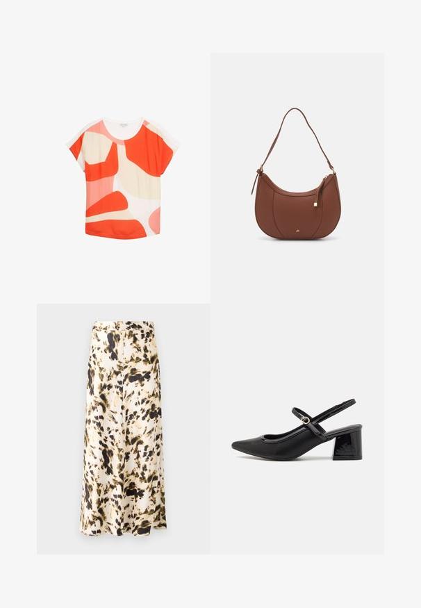 Short-sleeve top in a lightweight fabric. Features a bold abstract pattern with red, pink, and cream shapes. Round neckline and relaxed fit.; A knee-length skirt in a light fabric with a beige, brown, and green abstract pattern. Features a fitted waistband and flowing design.; Black patent leather slingback heels with a pointed toe, a rounded cutout design, and a block heel. Features a gold-tone buckle accent.; Brown faux leather shoulder bag with curved shape, minimal stitching, and a gold-tone hardware accent. Features a top zipper closure and adjustable strap.