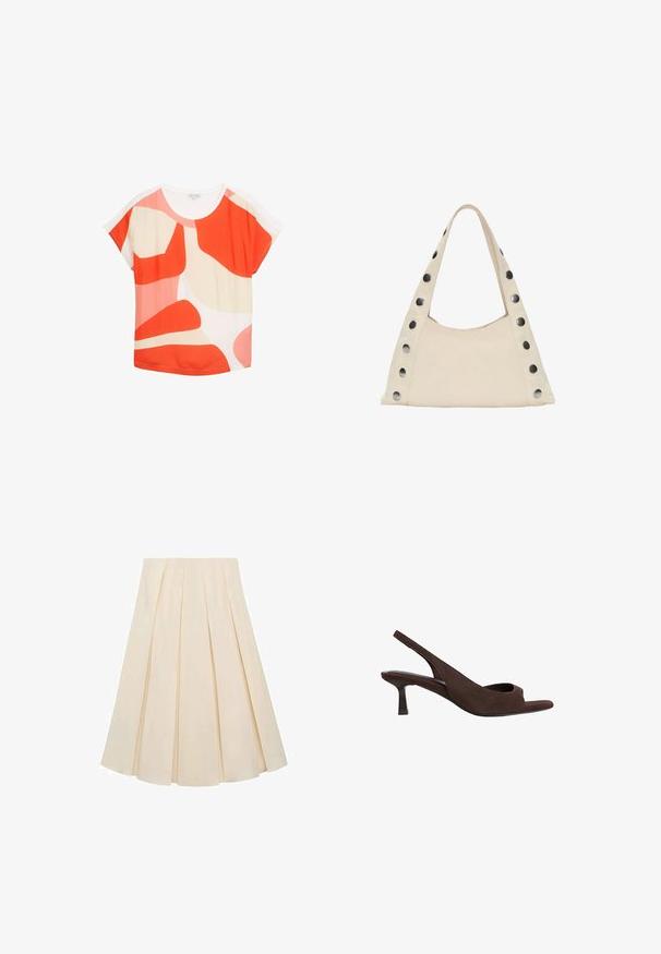 Maglietta a maniche corte in un tessuto leggero. Presenta un audace motivo astratto con forme rosse, rosa e crema. Collo rotondo e vestibilità rilassata.; Gonna plissè in tessuto color crema; presenta una consistenza morbida, un design a metà lunghezza e pieghe simmetriche che si estendono dalla vita all'orlo.; Tacchi slingback in suede marrone con design open-toe, caratterizzati da un tacco curvo basso e una texture morbida in tutto il loro corpo.; PULL&BEAR SHOULDER - Shopping bag - beige