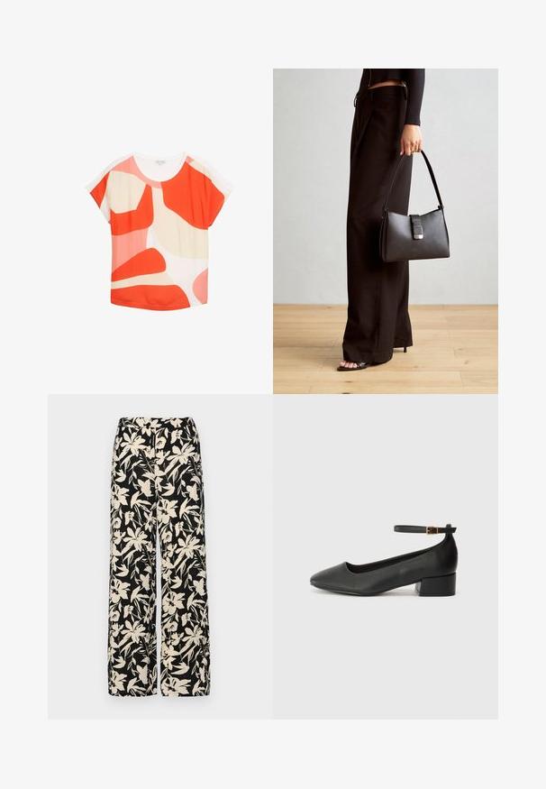 Kurzärmliges Oberteil aus leichtem Material. Hat ein kräftiges abstraktes Muster mit roten, pinken und cremefarbenen Formen. Rundhalsausschnitt und lockere Passform.; Schwarzes Kurzarmoberteil aus glattem Material, mit einem Peplum-Design und einem taillierten Bund, der mit zwei runden, silberfarbenen Knöpfen ausgestattet ist.; Schwarze weit geschnittene Hose mit einem cremefarbenen Blumenmuster. Hergestellt aus leichtem Stoff, mit einer glatten Textur und einem hohen Bund.; Schwarze Lederpumps mit spitzem Zehenbereich und niedrigem Blockabsatz. Mit einem Knöchelriemen und einer goldfarbenen Schnalle. Glatte Textur.; Schwarze Handtasche mit strukturierter Form, glatter Textur und einem metallischen Verschluss. Kombiniert mit weiten schwarzen Hosen und offenen Sandalen auf einem Holzboden.