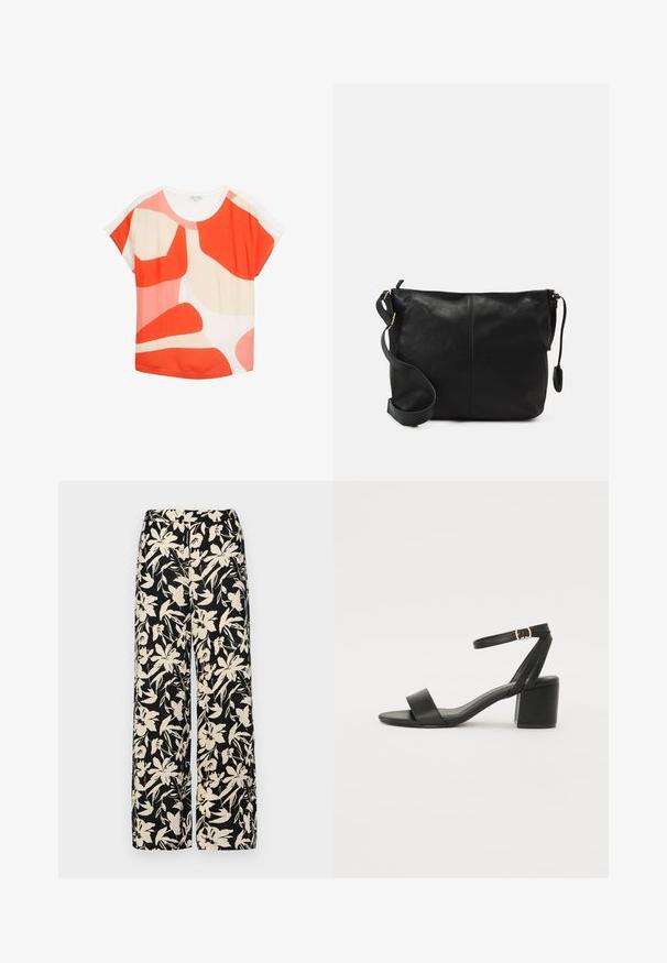 Kurzärmliges Oberteil aus leichtem Material. Hat ein kräftiges abstraktes Muster mit roten, pinken und cremefarbenen Formen. Rundhalsausschnitt und lockere Passform.; Schwarze weit geschnittene Hose mit einem cremefarbenen Blumenmuster. Hergestellt aus leichtem Stoff, mit einer glatten Textur und einem hohen Bund.; Schwarze High Heels Sandalen mit einem glatten Lederoberteil, offener Zehenpartie, breiten Vorderstraps und verstellbarem Knöchelriemen mit einem goldenen Schnallen-Detail.; Schwarze Leder-Umhängetasche mit flacher Form, goldenen Hardware-Details und einem verstellbaren Tragegurt. Glatte Textur mit minimalen Nähten.