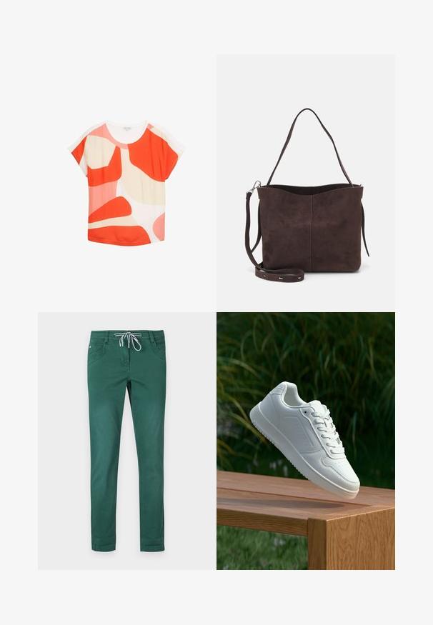Kurzärmliges Oberteil aus leichtem Material. Hat ein kräftiges abstraktes Muster mit roten, pinken und cremefarbenen Formen. Rundhalsausschnitt und lockere Passform.; Grüne Baumwollmischungshose mit geradem Bein, Kordelzugbund und zwei frontalen Taschen. Glatte Textur und keine Muster.; Weiße Sneaker mit einem glatten, synthetischen Obermaterial, perforierter Zehenbox, flachen Schnürsenkeln und einer strukturierten Sohle, präsentiert auf einer Holzoberfläche.; Braune Wildleder-Tasche mit weicher Textur, ausgestattet mit einem einzelnen Schulterriemen und einer dezenten, gewölbten Öffnung an der Oberseite. Keine sichtbaren Beschläge.