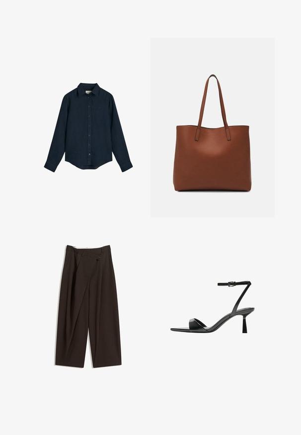 Sininen pellavapaita, jossa on napitettava kaulus, pitkät hihat ja suora helma. Rinnassa on hillitty logo.; Tummanruskeat leveälahkeiset housut, joissa on korkea vyötärö, yhden napin sulkea ja pleatattu etuosa. Valmistettu kevyestä kankaasta.; Bershka Korolliset sandaalit - black; Ruskea nahkainen olkalaukku, jossa on sileä pinta, avoin yläosa ja kaksi olkahihnaa. Omaavat vain minimaalisen ompelun eikä näkyvää metalliosaa.