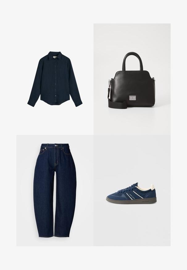 Mörkblå linne skjorta med krage som knäpps, långa ärmar och rak nederkant. Har en diskret logotyp på bröstet.; Mörkblå denimjeans med avslappnad passform, rak benmodell, femficksdesign och kontrasterande gul söm. Metallknäppning i midjan.; Marinblå sneakers i mocka med mjuk textur, med vita ränder, låg profil och gummisula.; Svart syntetisk handväska med topphandtag, avtagbar axelrem, rund form, slät yta och silverlogo på framsidan.