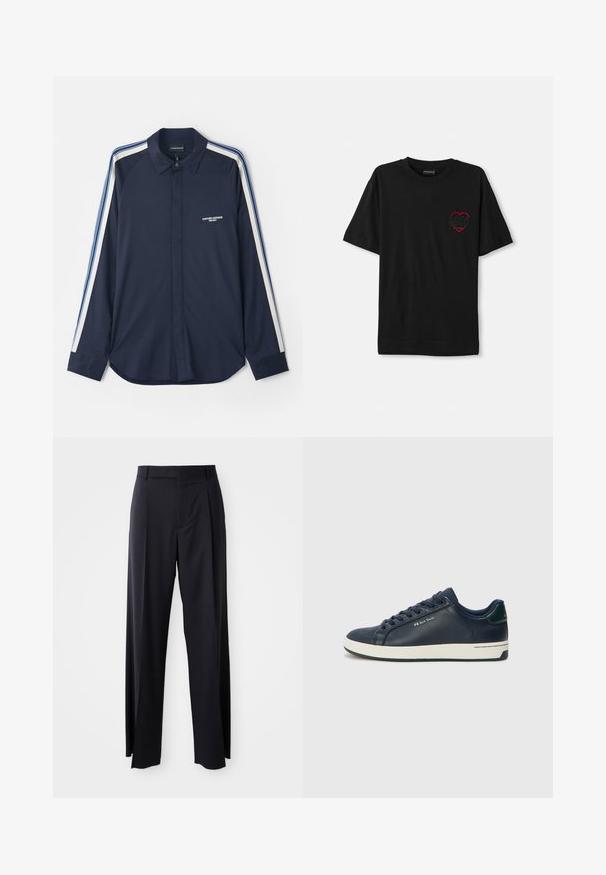 Camisa de manga longa azul-marinho, com gola, com logotipo bordado no peito e riscas desportivas contrastantes ao longo das mangas. Tecido suave.; T-shirt de algodão preta com mangas curtas, apresentando um desenho de coração bordado em vermelho no lado esquerdo do peito. Decote redondo clássico, ajuste descontraído.; Calças pretas de cintura alta, com corte amplo, feitas de um tecido suave. Apresentam pregas frontais e passadores para cinto. Design minimalista, sem hardware visível.; Tênis de couro azul-marinho com sola de borracha branca, bico arredondado e atacadores planos. Apresenta um detalhe em verde no calcanhar e um logotipo discreto na lateral.