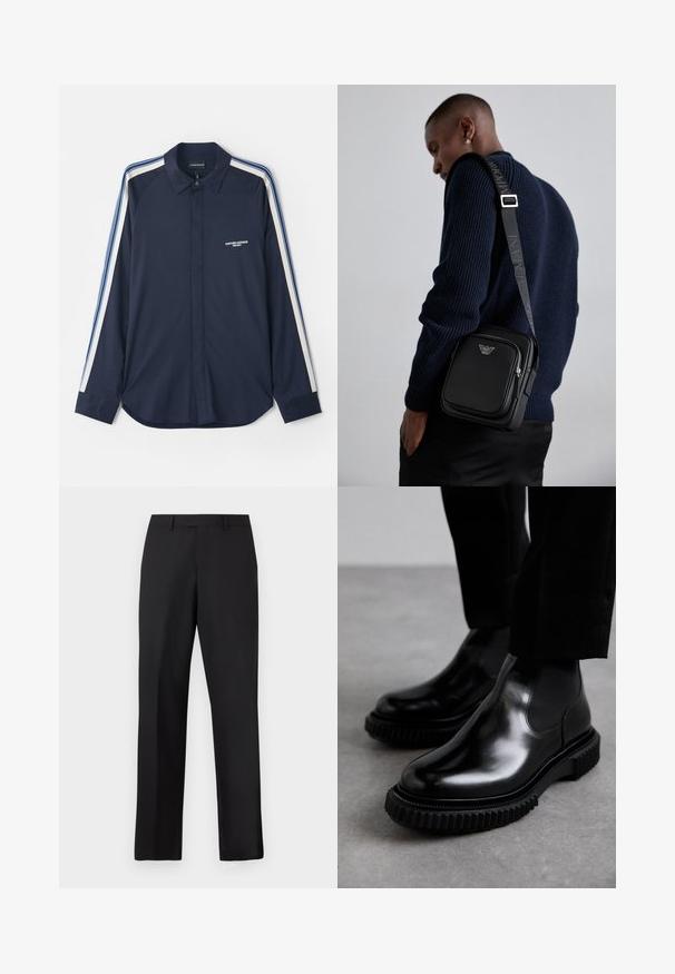 Laivyno mėlynos spalvos ilgomis rankovėmis marškiniai su apykakle, ant krūtinės išsiuvinėtu logotipu ir kontrastingomis sportinėmis juostomis per rankoves. Minkšta medžiaga.; Juodos, tiesios kojų kelnės iš lygaus audinio. Turi standartinę juosmens juostą ir neturi matomų raštų ar akcentų.; Juodos odinės Chelsea batai su lygiu paviršiumi, elastingomis šoninėmis juostomis ir storu, tekstūruotu guminio pado, turinčiu šiurkštų protektorių.; Juodas odinis kryžiumi nešiojamas krepšys su užtraukiamu skyriumi, logotipo detale ir prekinio ženklo reguliuojama juosta. Dėvimas ant tekstūrinio tamsiai mėlyno megztinio.
