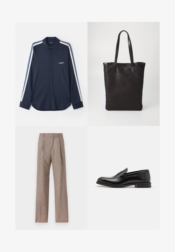 Laivyno mėlynos spalvos ilgomis rankovėmis marškiniai su apykakle, ant krūtinės išsiuvinėtu logotipu ir kontrastingomis sportinėmis juostomis per rankoves. Minkšta medžiaga.; Rudos, aukšto liemens kelnes, pagamintas iš tekstūruotos medžiagos. Plati kojos, dvi priekinės klostės struktūrai. Tvarkingas apdailos darbai, be matomų detalių.; Juodos odinės loafers, turinčios lygų paviršių, apvalią noselę ir dekoratyvinę juostą per priekinę dalį. Žemas krentantis kulnas, minimalistinis dizainas.; Juodas drobės pirkinių maišelis su juodais odiniais rankenomis. Paprastas dizainas, erdvus kūnas ir lygus paviršius. Nėra matomų logotipų ar raštų.