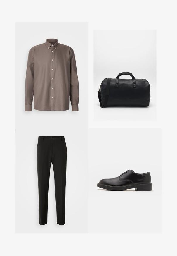 Rudas mygtukų marškiniai su apykakle, ilgomis rankovėmis, subtiliomis vertikaliomis juostelėmis ir baltais mygtukais priekyje.; Juodi kelnes, pagamintos iš lygaus audinio, su tiesiomis kojomis, mygtuko uždarymu ir klasikiniu dizainu, tinkamu tiek formaliai, tiek kasdienei aprangai.; Juodas odinis batų modelis su raišteliais, apvaliu nosiu, lygiu paviršiumi, minimaliai siuvinėjimu ir žemu guminėmis pakulne. Ant pakulnės šalia logo.; Juodas sportinis krepšys, pagamintas iš tekstūruotos sintetinės medžiagos. Yra du rankenoms ir reguliuojama petneša. Paprastas dizainas be matomų raštų.