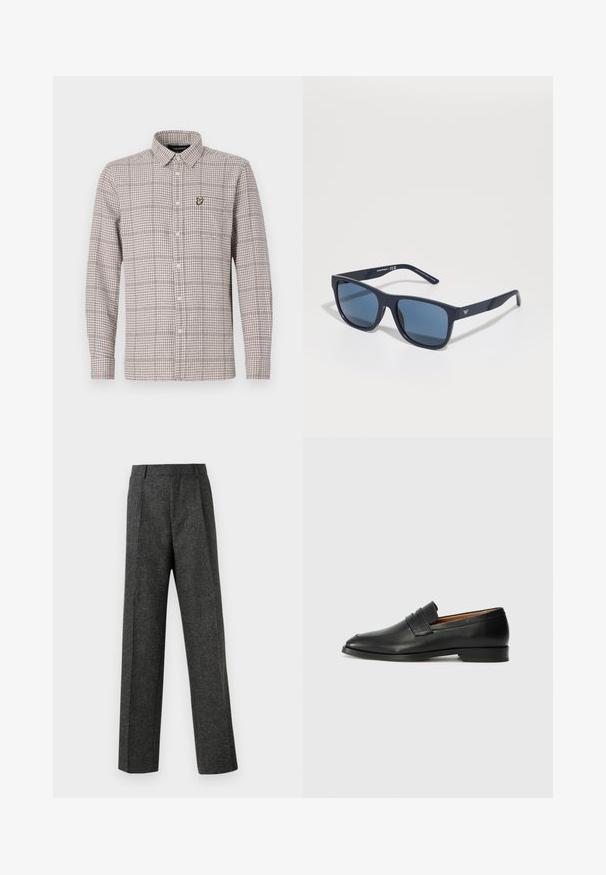 Kockovaná košeľa na gombíky v béžovej a hnedej farbe, s dlhými rukávmi, golierom a malou vyšitou nášivkou na vrecku na hrudi.; Sivé úzke nohavice z textúrovanej látky, s dvoma prednými skladmi a rovnými nohavicami. Bez viditeľných vreciek alebo ozdôb.; Čierne kožené mokasíny s okrúhlou špičkou, jemným prešitím a nízkym podpätkom, s hladkou textúrou a minimalistickým dizajnom.; Modré obdĺžnikové slnečné okuliare s tmavými sklami, matný námorní rám, detail loga na spánku, priamé ramená a pevná, hladká textúra.