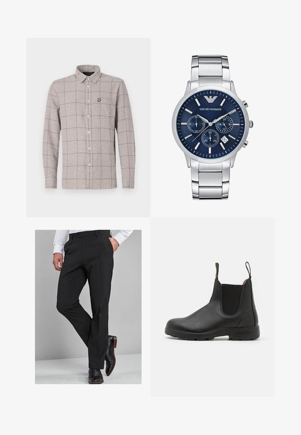 Geruite button-up shirt in beige en bruin, met lange mouwen, kraag, en een klein geborduurd logo op de bovenste zak.; Zwarte broek met een getailleerde pasvorm, met een gladde textuur, rechte pijpen en riemlussen, gecombineerd met gepolijste zwarte dresschoenen.; Zwarte leren Chelsea-boots met elastische zijkanten, trekband, robuuste rubberen zool en gestikte details. Gladde textuur over het geheel.; Emporio Armani Chronograaf - silver-coloured