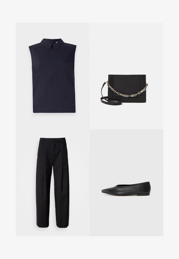 Bez Piedurknēm, tumši zils blūze ar strukturētu apkakli, izgatavota no viegla auduma. Zīmēta ar taisnu griezumu un gludu tekstūru.; Melnas bikses ar brīvu piegriezumu, līdzenu priekšpusi un jostas cilpām. Gluda auduma un taisni kājas, ar sānu kabatām.; Melna ādas baleta kurpe, ar norādītu purngalu, minimālisma dizains, gluda tekstūra, zema papēža augstums, bez redzamiem aksesuāriem vai rotājumiem.; Melna ādas crossbody soma ar gludu faktūru, taisnstūrveida formu un metalizētu ķēdes detaļu priekšā. Iekļauta regulējama siksna.