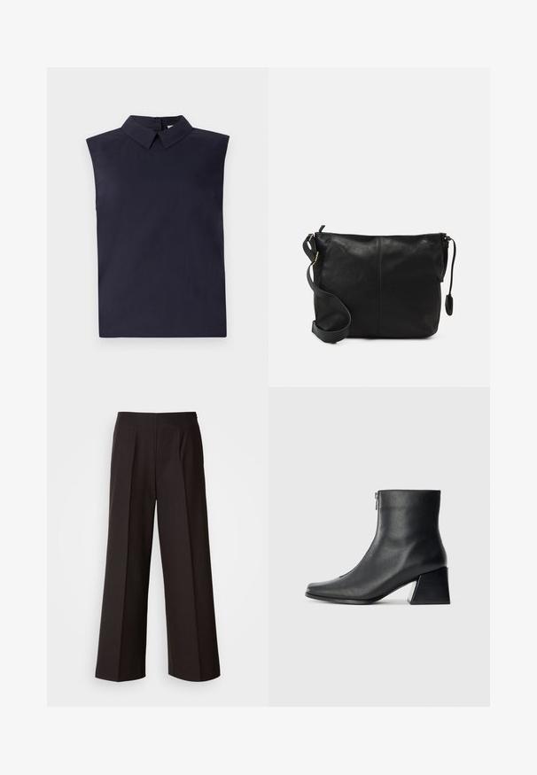 Sømløs marineblå bluse med strukturert krage, laget av lett materiale. Har rett snitt og glatt tekstur.; Sorte vidde bukser med flat front, folder og en glatt tekstur. Har høy midje og skreddersydd snitt for en strukturert passform.; Sorte skinnankelsko med firkantet tå, glidelås på siden og blokkhæl mot en vanlig lys bakgrunn.; Svart skinn crossover-veske med flat form, gullfarge detaljer og justerbar stropp. Glatt tekstur med minimale sømmer.