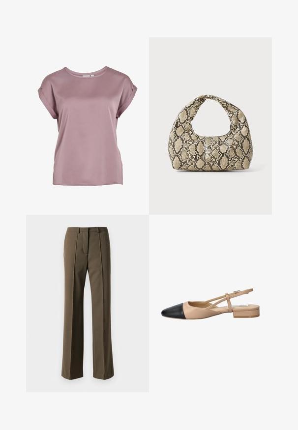 Maglietta a maniche corte con collo rotondo di un morbido color malva, realizzata in tessuto leggero e liscio, con maniche arrotolate e un taglio rilassato.; Due magliette bianche senza maniche in morbido cotone, con scollatura tonda e senza motivi o dettagli visibili.; Pantaloni marroni su misura con una vestibilità dritta, frontale plissettato e vita classica. Realizzati in tessuto liscio con una finitura raffinata.; Scarpa slingback bicolore beige e nera con punta affilata, tacco piatto e dettaglio a fascia incrociata. Texture in pelle liscia.; Borsa a stampa rettile con manico curvo. Realizzata in materiali testurizzati beige e marroni, presenta un distintivo motivo a rombi.