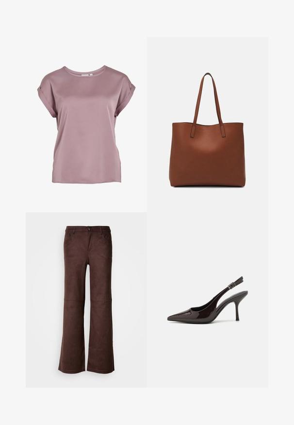 Kortärmad, rundad nacktröja i en mjuk mauve-färg, tillverkad av ett slätt, lätt tyg med upprullade ärmar och avslappnad passform.; Bruna utsvängda byxor i ett mjukt, mockaliknande material. Har fyra fickor, ett knappstängning och en slät, strukturerad yta.; Högklackad slingback-sko i blankt mörkbrunt lackläder, spetsig tå, öppna sidor och justerbart ankelsnöre.; Brun läder tote-väska med en slät textur, öppen toppdesign och två axelremmar. Har minimal söm och ingen synlig metalldetalj.