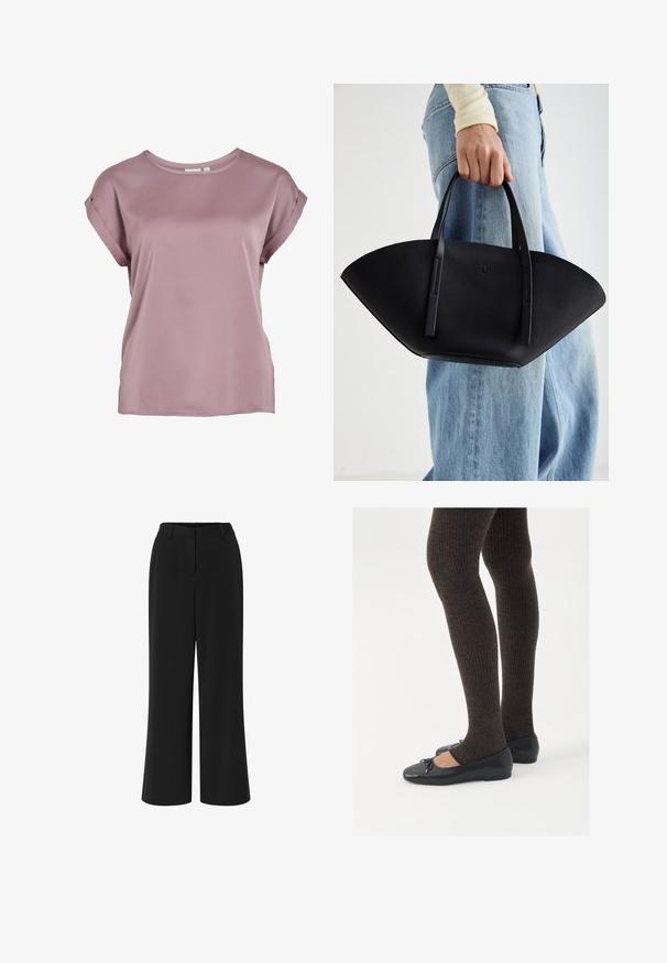 Rövid ujjú, kerek nyakú póló lágy mályva színben, sima, könnyű anyagból készült, felgöngyölt ujjakkal és laza fazonnal.; Fekete, széles lábú nadrág sima anyagból. Lapított eleje, övvel ellátott derék és két oldalsó zseb jellemzi.; Fekete lapos cipők kis masni díszítéssel az orrán, sötétbarna bordázott harisnyával párosítva. A cipők sima textúrával és alacsony profilúak.; Fekete bőr kézitáska egyedi legyezőformával, lapos füllel. A felülete kőriszerű textúrájú és minimalista dizájnnal rendelkezik.