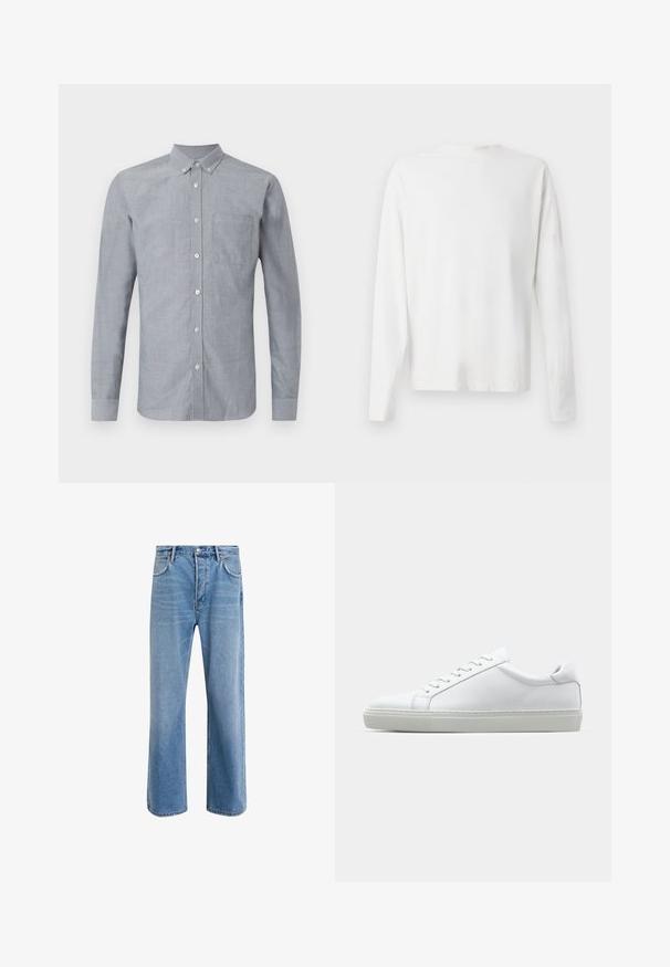 Lyseblå, langermet skjorte med knapper laget av vevd stoff. Har en enkelt brystlomme og krage med knapper. Satenglignende tekstur.; Langermet hvit bomullsskjorte med rund hals, sidespalter nederst og en jevn tekstur, vist fra baksiden.; Lys blå denimjeans med rett ben-design, fem lommer, knappeåpning, minimal falming og kontrasterende sømdetaljer.; Hvit sneakers med en glatt skinnoverdel og lav profil. Har en rund tå, seks snøring hull, og en teksturert gummisåle.