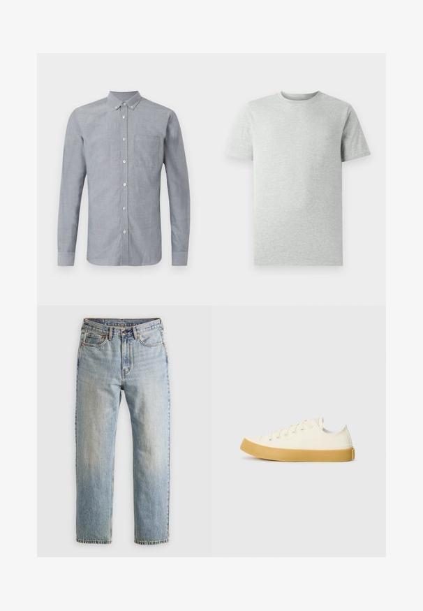 Svetlo modra, dolg rokav, srajca z gumbi, izdelana iz tkane tkanine. Ima en sam žep na prsih in ovratnik, ki se zapne. Satenska tekstura.; Enostavna svetlosiva kratka majica s kratkimi rokavi in krožnim ovratnikom, prikazana na belem ozadju, sprednji pogled brez vidnih logotipov ali vzorcev.; Svetlo modri džins hlače z visokim pasom, sprednjim gumbom, zadrgo in petimi žepi, laid flat na nevtralni podlagi.; Platnene superge v off-white barvi z okroglim nosom, z bež gumijastimi podplati in petimi odprtinami za vezalke, z zrnato površino na zgornjem delu.