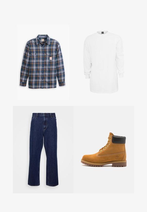 Levi's® Workwear CLASSIC WORKER WORKWEAR - Krekls - boone/dress blues; Garām piedurknēm balta kokvilnas t-kreklu ar apaļu kakla izgriezumu, brīvs griezums un ribotas piedurknes. Vienkāršs dizains, bez grafikas vai rakstiem.; Tumši zilas džinsu bikses ar taisnām kājām, kurām ir pogu aizdare, piecu kabatu stils un diskrēti šuvumi.; Brūna zamša potīte ar melnu izšuvumu ap kaklu, zelta metāla acu caurumi, balta šuvju apdare un izturīgs gumijas zole ar izteiktu zīmējumu.