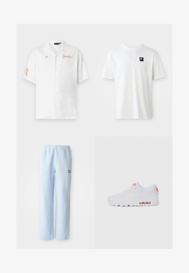 Cămașă albă cu mânecă scurtă, cu nasturi, având "Yankees" brodat în aur și un patch logo pe partea stângă a pieptului și pe mâneca dreaptă.; Tricou alb din bumbac, cu mâneci scurte și guler sub formă de cerc; prezintă un mic logo Nike Air, de culoare neagră, sub formă de dreptunghi pe pieptul stâng.; Pantaloni sportivi de culoare bleu deschis, cu talie elastică, având un mic logo roșu Nike și textul "Departamentul Sportiv". Material moale din bumbac.; Adidașii albaștri de sport au o parte superioară netedă, sistem de închidere cu șireturi, talpă cu amortizare și o unitate de aer vizibilă cu accente roșii pe branding.