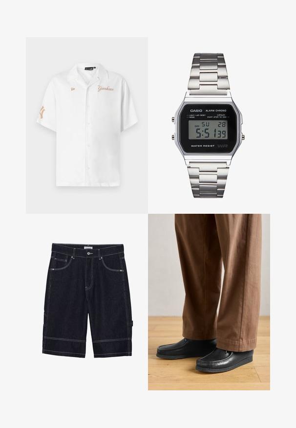 Bela kratka srajca s kratkimi rokavi, ki vsebuje zlat vezen napis "Yankees" ter logotipni zaklop na levem prsnem delu in desnem roku.; Temno modri denim kratki hlače s kontrastnim šivom, petimi žepi, gumbom za zapiranje in ravno krojem. Brez vidnih vzorcev ali tekstur.; Črne usnjene čevlje z mokasinskim dizajnom in šivi, v kombinaciji z rjavimi hlačami, na lesenem tleh.; Digitalna Casio ura z črnim številčnico, srebrnim nerjavečim jeklenim paščkom, pravokotnim ohišjem in gumbi za svetlobo, ponastavitev kroga in prilagoditve načina.