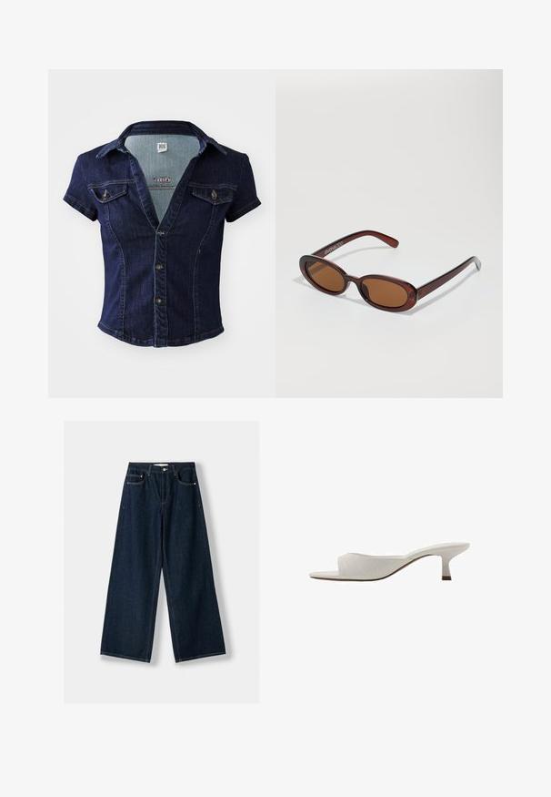 BDG Urban Outfitters POLLY - Camicia - blue; Jeans larghi blu scuro in denim. Presentano cinque tasche, una chiusura con bottone e cerniera, e dettagli di cuciture a contrasto.; Mule bianche aperte davanti con un design curvo, tacco basso, texture liscia e un motivo di cuciture sottile. Accento marrone alla base del tacco.; Occhiali da sole rotondi con tonalità marrone, montatura lucida color bordeaux. Aste sottili con un sottile dettaglio del marchio. Design delle lenti piatte.