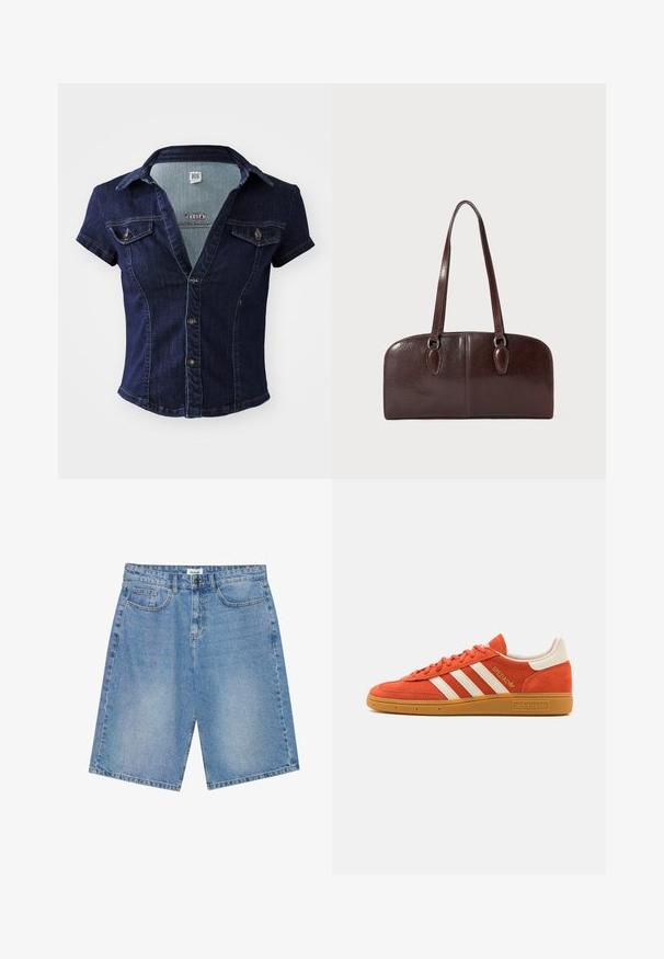 BDG Urban Outfitters POLLY - Button-down blouse - blue; Denim shorts in light blue with a straight cut, five-pocket design, and contrast stitching. Features a button and zipper closure.; Orange suede sneaker with white leather accents, featuring three white stripes and a gum rubber sole. "Spezial" logo on tongue.; Brown leather handbag with two long handles, a structured rectangular shape, smooth texture, and rounded edges. Features accent details at the handles.