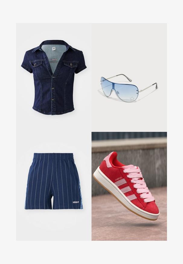 BDG Urban Outfitters POLLY - Button-down blouse - blue; Navy blue shorts with white pinstripes, elastic waistband, and Adidas logo. Features blue accents on the sides, made of cotton blend material.; Red suede sneaker with pink accents, featuring three white stripes and light pink laces. White midsole and gum rubber outsole.; Aviator sunglasses featuring a gradient blue lens, silver metal frame, and decorative star accents on the lens. Smooth and sleek design.