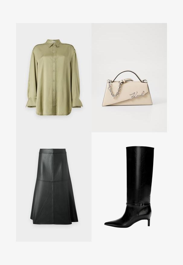 Olive green blouse made from smooth fabric, featuring a collared neck, button front, long sleeves with cuff accents, and frayed detailing.; Black leather A-line skirt, smooth texture, mid-calf length, features horizontal stitching detail at the waist and seams for added structure.; Black leather knee-high boot with pointed toe and a small heel. Features a narrow strap with a metallic buckle around the ankle. Smooth texture.; Beige leather handbag with a structured, triangular shape, featuring a silver chain handle and a cursive logo in metal.