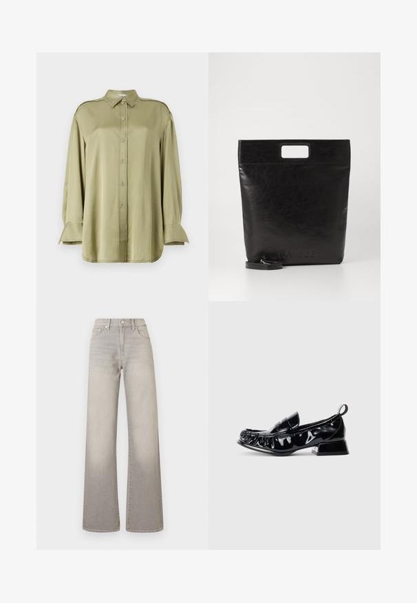 Olijfgroen blouse gemaakt van soepel stof, met een kraag, knopen aan de voorkant, lange mouwen met manchetaccenten, en rafelige details.; Grijze wijde jeans met een vervaagde afwerking, knoopsluiting, vijfzakkenontwerp en gestikte details langs de naden.; Zwarte patenten leren loafer met vierkante neus, gegATHERd detail, lage blokhak en een trektab aan de achterkant op een witte achtergrond.; Zwarte leren draagtas met een vierkant handvat, met een gestructureerde afwerking en een reliëflogo. Inclusief een afneembare schouderband.