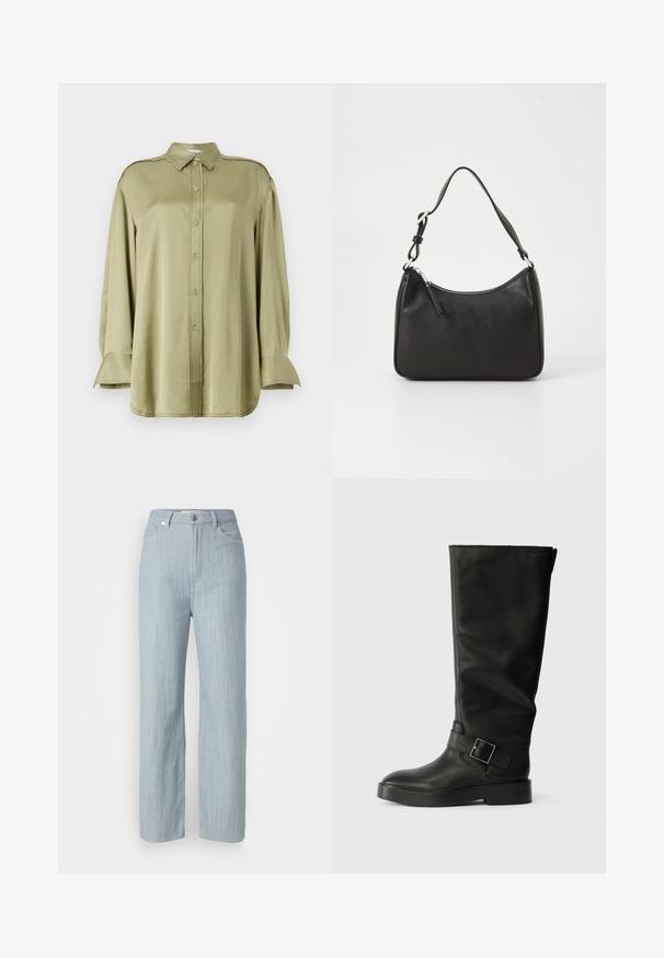 Olivi vihreä paita, joka on valmistettu sileästä kankaasta. Se sisältää kauluksen, napituksen edessä, pitkät hihat, joissa on hihansuiden yksityiskohtia sekä röpelöityjä yksityiskohtia.; Vaaleansiniset suorat farkut, jotka on valmistettu denimistä. Sisältää viisi taskua, metallinappikiinnityksen ja hienovaraisen kulutustekstuurin.; Mustan, sileän nahkan polven yli yltävät saappaat, joissa on pyöristetty kärki, paksu pohja ja vaakasuora hihna suorakulmion muotoisella soljella.; Mustat nahkakäsilaukku, jossa on kaareva muoto, yksi hihna, vetoketjukiinnitys ja hienovarainen brändäys etuosassa. Sujuva pinta, minimalistinen muotoilu.
