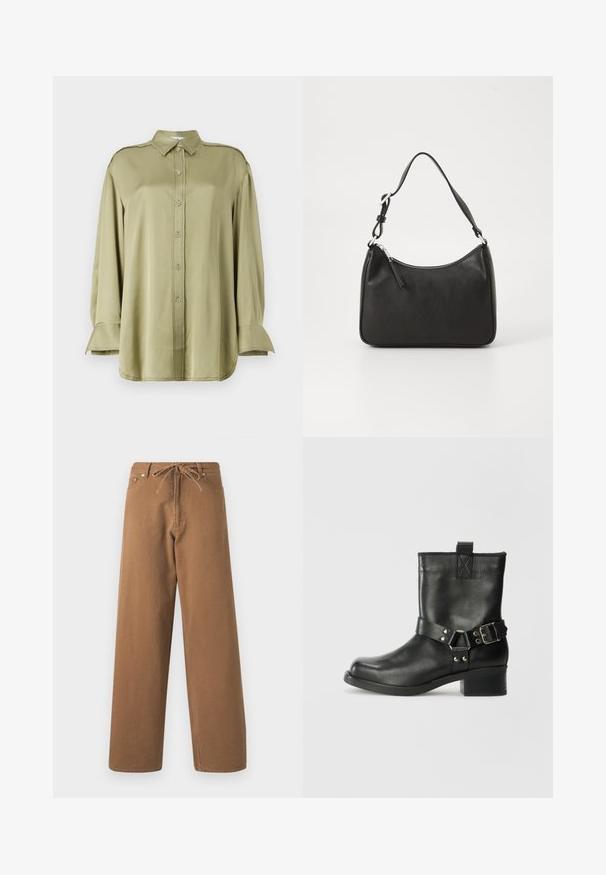Bluză verde măsliniu din stofă netedă, cu guler, închidere cu nasturi, mâneci lungi cu accente la manșetă și detalii desfăcute.; Pantaloni largi maro din bumbac, cu un brâu cu șnur și două buzunare frontale. Material texturat cu un finisaj neted.; Samsøe Samsøe SABRENTA - Botine cowboy/biker - black; Geantă de mână din piele neagră, cu o formă curbată, curea unică, închidere cu fermoar și un branding subtil pe față. Textură fină, design minimalist.