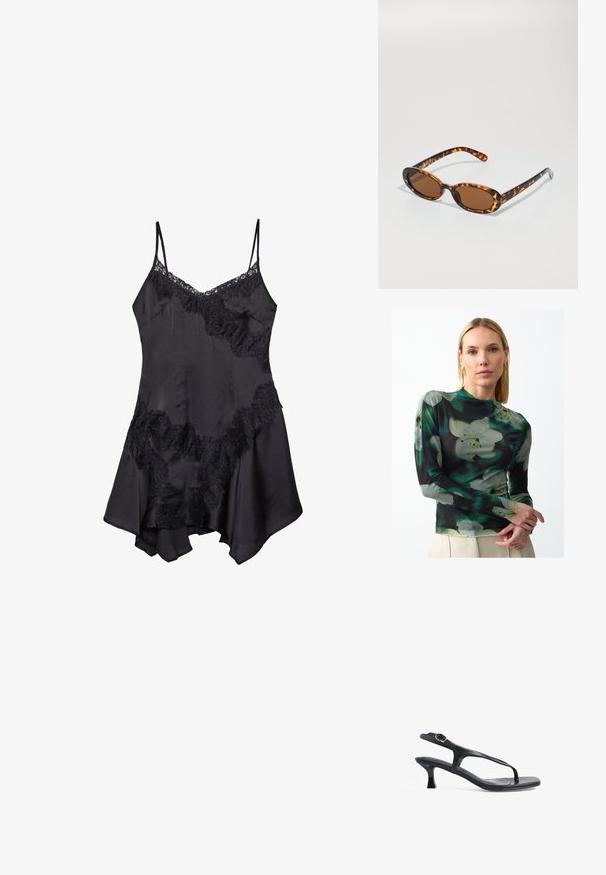 Langärmliges Oberteil aus einem transparenten, leichten Stoff mit dunklem Hintergrund und großen weißen und grünen Blumenmustern. Hoher Kragen und taillierte Passform.; Schwarzes Satin-Nachthemd mit Spitzenrand, verstellbaren Spaghetti-Trägern und ausgestelltem Saum, weicher Textur und dekorativen Rüschendetails.; Schwarze Ledersandale mit schlankem Design, dünnen Riemen und einem kleinen Absatz. Verfügt über eine Schnallenakzent und eine glatt strukturierten Fußbett.; Schildpatt-Sonnenbrille mit ovalen Rahmen, braunen Gläsern und schlanken schwarzen Bügeln mit subtilen Musterakzenten.; Schwarze, strukturierte Tragetasche mit kurzen Griffen, ausgestattet mit einem goldenen Verschluss und Akzenten. Das Design ist strukturiert und weist eine geometrische Silhouette auf.