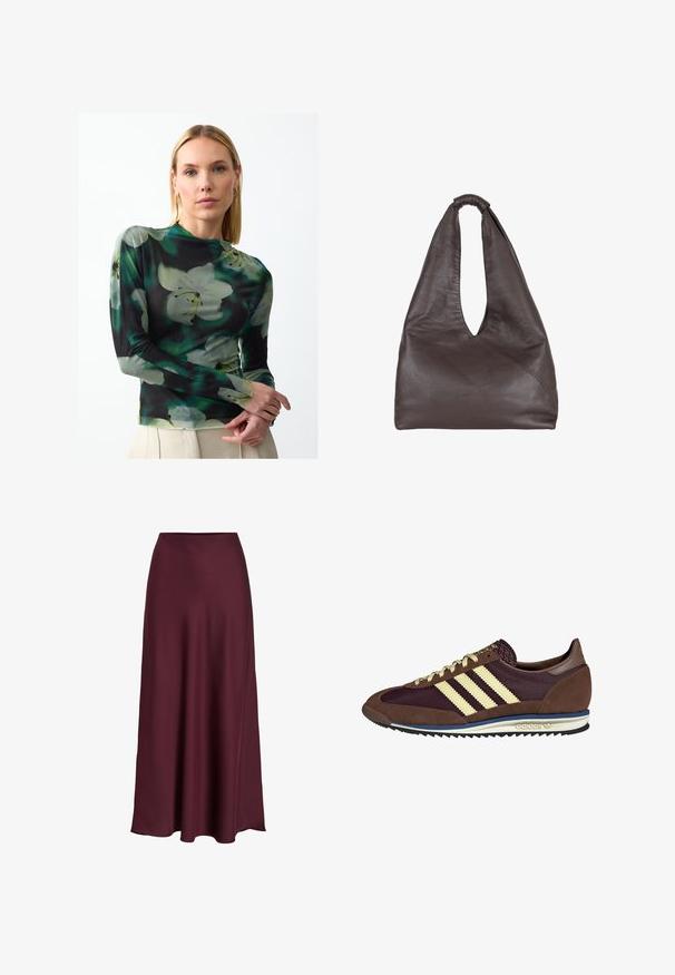 Langarmshirt van een doorschijnende, lichte stof met een donkere achtergrond en grote witte en groene bloemenpatronen. Hoge halslijn en strakke pasvorm.; Bordeaux satijnen maxi rok met een zachte textuur, hoge taille en een vloeiende silhouet die zachtjes uitloopt naar de zoom.; Bruine en bordeauxkleurige sneaker van suede en mesh materiaal, met drie crèmekleurige strepen, een gemêleerd stof op de tong en een rubberen zool.; Bruine leren tas met een slappe, oversized uitstraling. Beschikt over een lusvormige handgreep en een diepe V-vormige opening voor gemakkelijke toegang. Zachte textuur, minimalistische stijl.