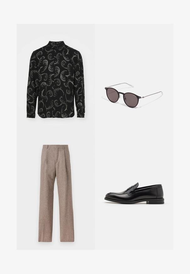Sort skjorte med knaplukning, der har hvide svungne paisleymønstre, lange ærmer og klassisk krave, lavet af letvægtigt stof.; Brune, højtaljede bukser lavet af tekstureret stof. Har brede ben og to frontfoldninger for struktur. Pæn finish uden synlig hardware.; Sorte læderloafers med en glat overflade, rund tå og en dekorativ strop over vampen. Lav hæl med stabeldesign, minimalistisk stil.; Sorte runde solbriller med mørke linser og slanke metalarme. Inkluderer klare tempeltips og sølvdetaljer ved hængslet. Minimalistisk design.