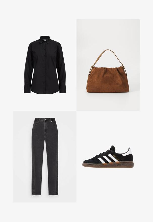 Melnas garām piedurknēm pogājama krekls no gludas auduma, ar klasisku apkakli, priekšējām pogām un pielāgotu piegriezumu.; Melnas džinsus ar taisnu kāju un augsto jostu, ar priekšējo pogu un rāvējslēdzēju, kā arī piecu kabatu dizainu uz balta fona.; Melnas Adidas sporta kurpes ar baltām svītrām, zelta "Spezial" uzrakstu, gumijas zoli un baltu papēža daļu, attēlotas profila skatījumā.; Brūna zamšāda soma ar savilkšanas dizainu, kurai ir viena gaiši brūna ādas siksna un smalka zelta logo detaļa priekšpusē.