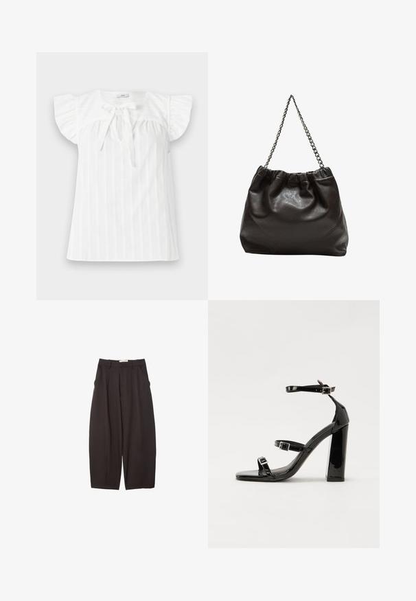 Biela blúzka s krátkymi volánovými rukávmi, nariadenou sukňou a detailom na viazanie vpredu. Má vertikálne pruhy a okrúhly výstrih.; Čierne široké nohavice vyrobené z hladkej tkaniny, s vysokým pásom, prednými skladmi a bočnými vreckami. Jednoduchý dizajn bez ozdôb.; Čierne lakované sandále na podpätku so štvorcovou špičkou, navlečenými remienkami okolo členku a striebornými prackami. Disponujú masívnym blokovým podpätkom pre stabilitu.; Hnedá kožená taška so zberaným vrchom a reťazovým popruhom. Hladký povrch s lesklým finišom a jemným švom po stranách.
